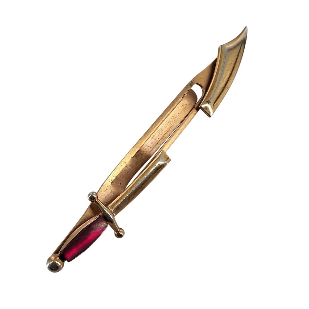 Vintage Swank Gold Tone Scimitar Sword Tie Scarf Clip Red Cabochon Hilt
